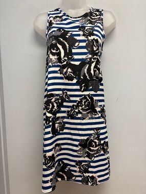 Leyden Striped Floral Sleeveless Dress Blue White Black Shift Dress XS Made USA